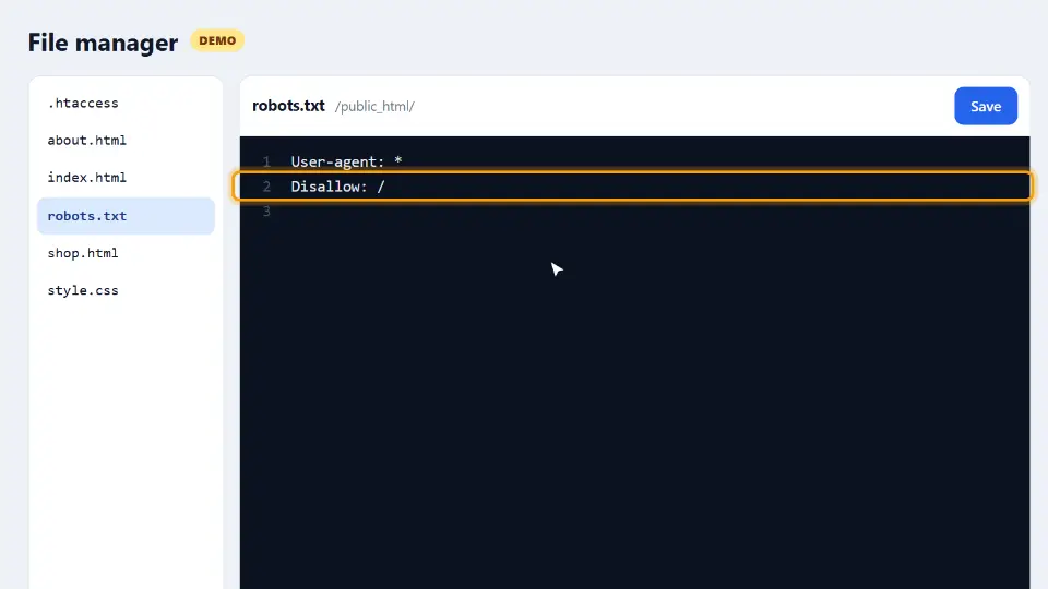 robots.txt ouvert dans un gestionnaire de fichiers avec la ligne Disallow: / qui bloque tout le site robots.txt ouvert dans un gestionnaire de fichiers avec la ligne Disallow: / qui bloque tout le site