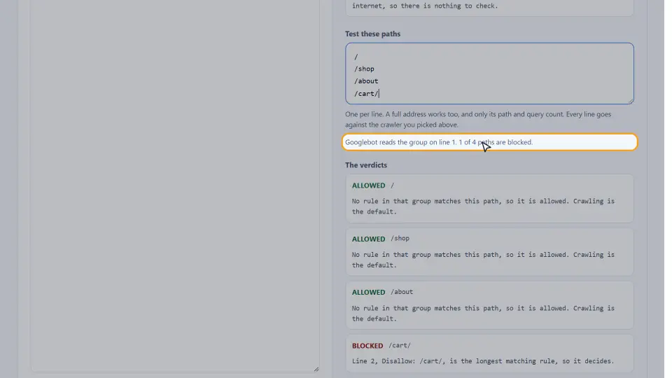 Demo: Der robots.txt Validator zeigt Startseite und Shop erlaubt, während der Warenkorb gesperrt bleibt Demo: Der robots.txt Validator zeigt Startseite und Shop erlaubt, während der Warenkorb gesperrt bleibt
