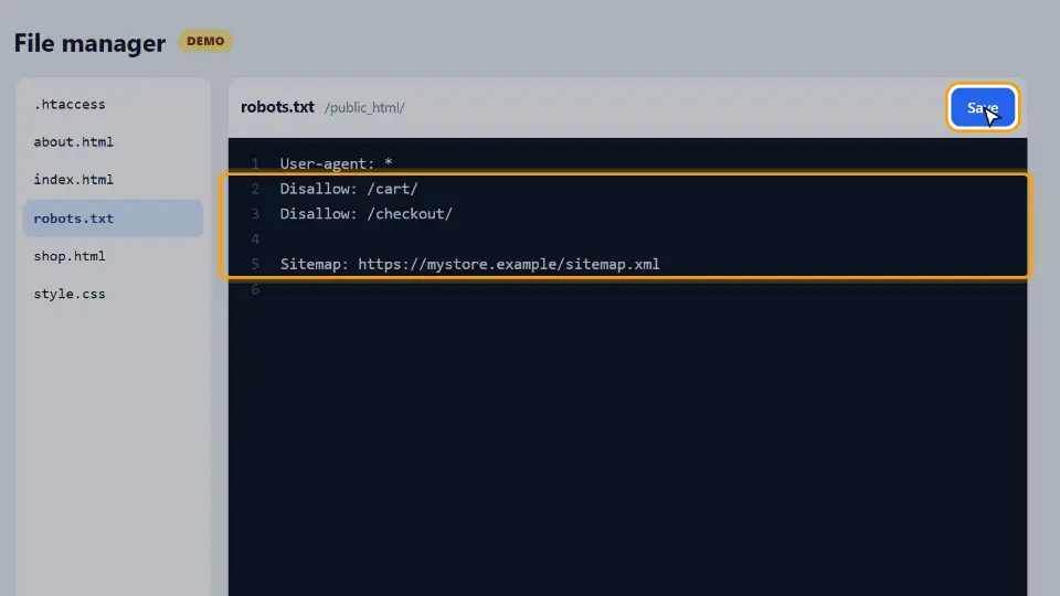 Exemple de robots.txt corrigé et enregistré : Disallow /cart/ et /checkout/ plus une ligne Sitemap Exemple de robots.txt corrigé et enregistré : Disallow /cart/ et /checkout/ plus une ligne Sitemap