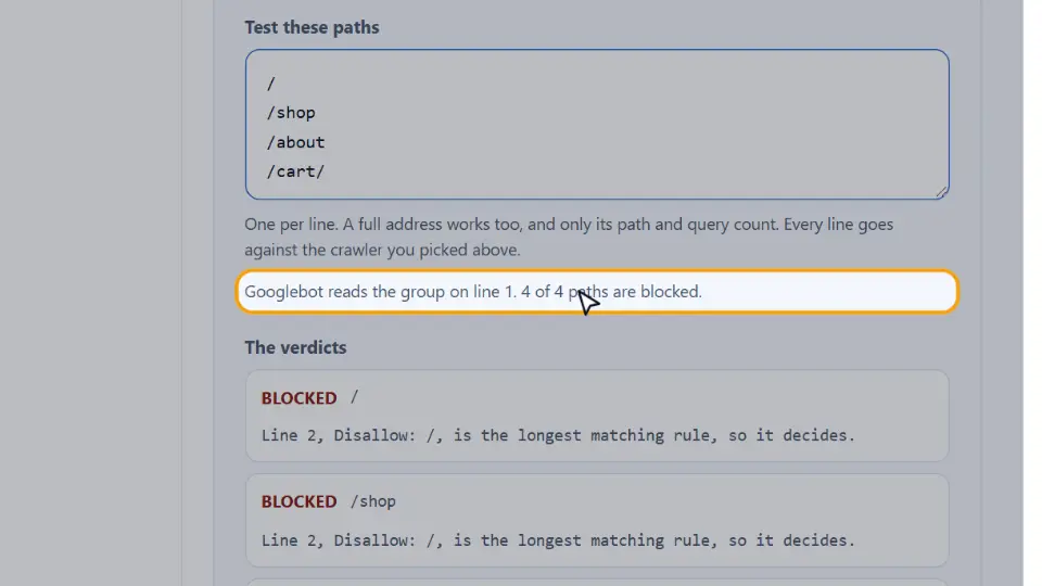 Validateur robots.txt : 4 chemins sur 4 bloqués, chaque verdict cite la ligne 2 Disallow: / Validateur robots.txt : 4 chemins sur 4 bloqués, chaque verdict cite la ligne 2 Disallow: /