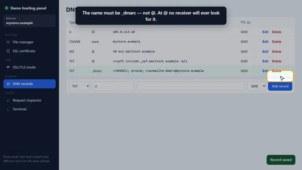 Demo: se añade el registro TXT de DMARC con el nombre _dmarc en un panel DNS Demo: se añade el registro TXT de DMARC con el nombre _dmarc en un panel DNS
