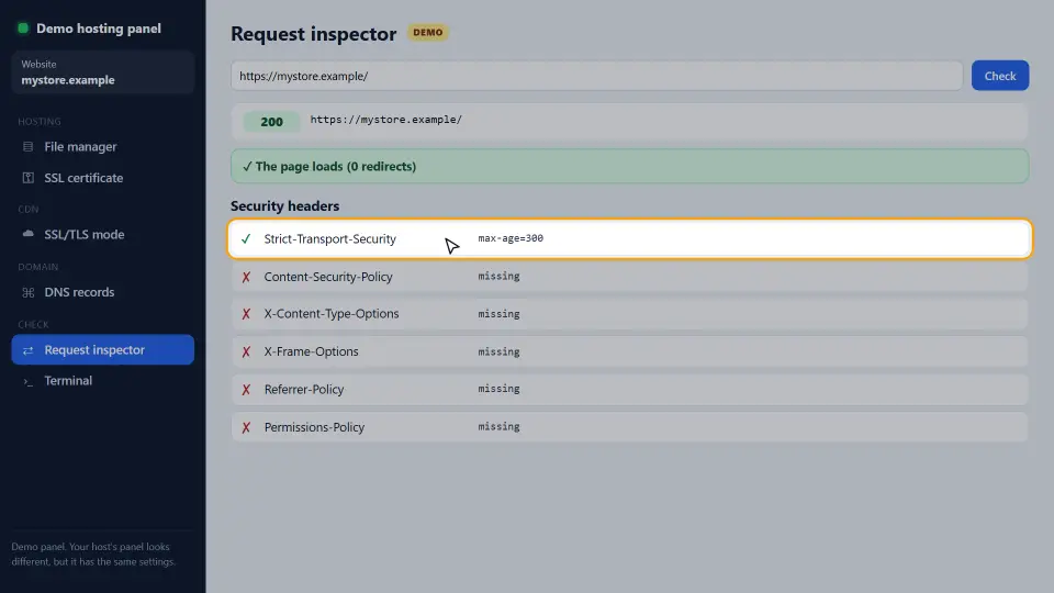 Demo: la comprobación muestra que ya se envía Strict-Transport-Security tras añadir una línea en htaccess Demo: la comprobación muestra que ya se envía Strict-Transport-Security tras añadir una línea en htaccess