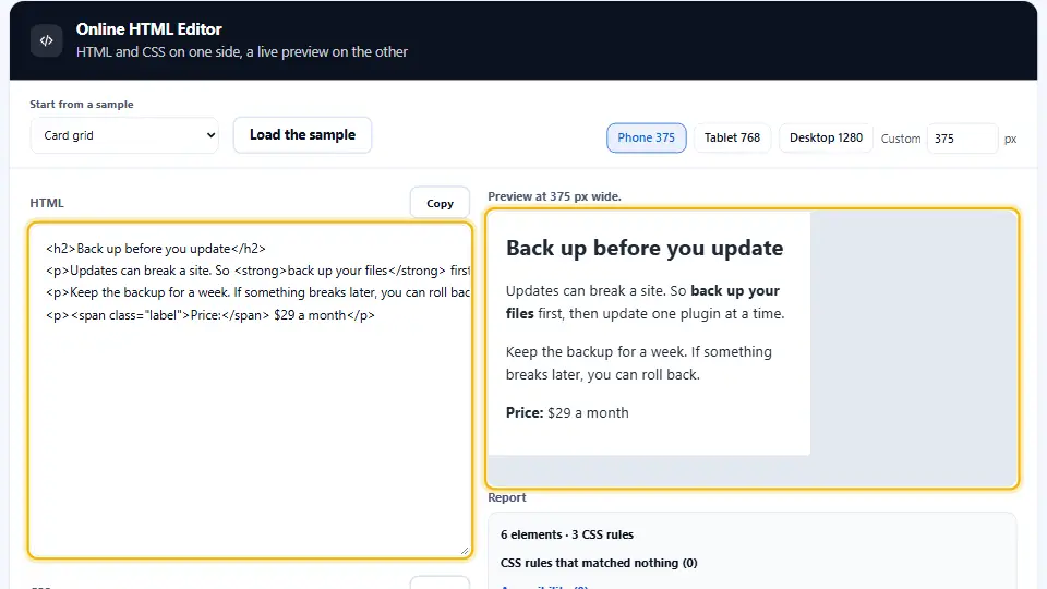 محرر HTML أونلاين يعرض فقرة فيها خط عريض على كلمات قليلة مهمة، بجانب المعاينة المباشرة محرر HTML أونلاين يعرض فقرة فيها خط عريض على كلمات قليلة مهمة، بجانب المعاينة المباشرة