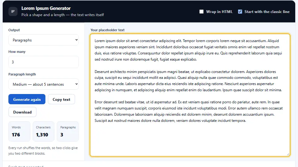 Generatore di lorem ipsum di Denwix con paragrafi di testo finto pronti da copiare per una bozza