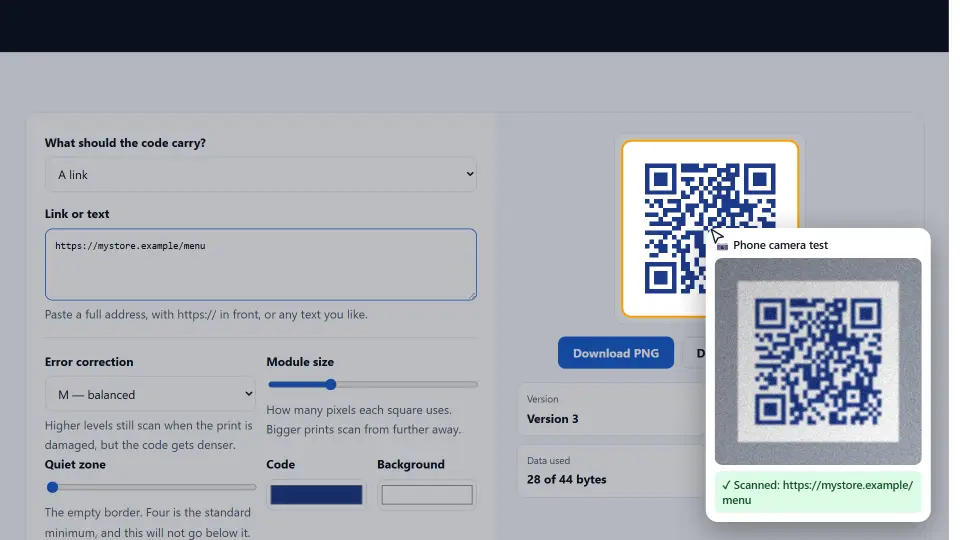 Demo: ein dunkelblauer QR Code auf weißem Grund besteht den Scan-Test Demo: ein dunkelblauer QR Code auf weißem Grund besteht den Scan-Test