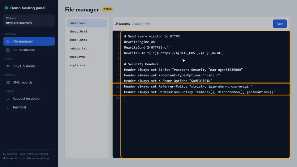 Demo: die fünf Header-Zeilen am Ende der htaccess-Datei Demo: die fünf Header-Zeilen am Ende der htaccess-Datei