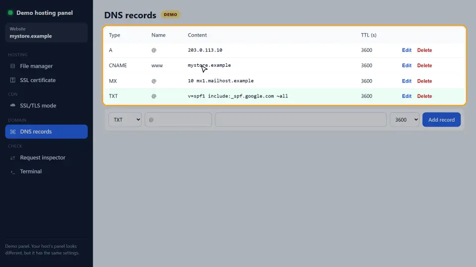 Demo: Der SPF-TXT-Eintrag wird beim Namen @ in einem DNS-Panel angelegt Demo: Der SPF-TXT-Eintrag wird beim Namen @ in einem DNS-Panel angelegt