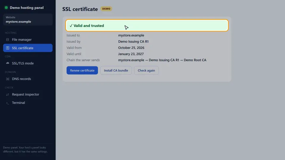 Demo: Das Hosting-Panel zeigt das verlängerte SSL-Zertifikat als gültig und vertrauenswürdig Demo: Das Hosting-Panel zeigt das verlängerte SSL-Zertifikat als gültig und vertrauenswürdig