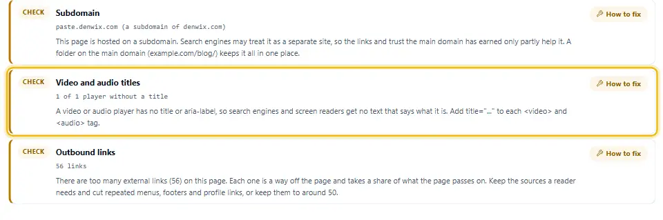 تنبيه في Denwix SEO Checker: Video and audio titles، مشغل واحد من واحد بلا عنوان تنبيه في Denwix SEO Checker: Video and audio titles، مشغل واحد من واحد بلا عنوان