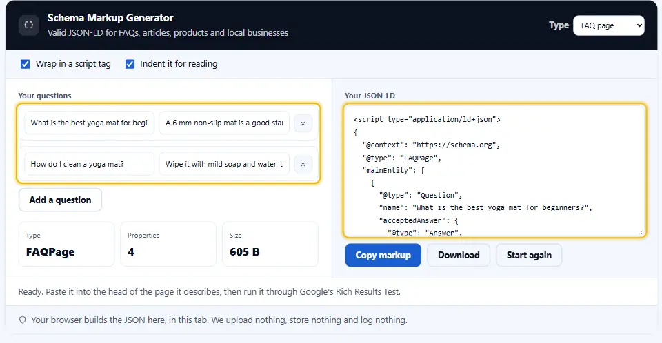 Schema markup generator in FAQ mode with two questions about yoga mats and their answers, and the FAQPage JSON-LD code it builds