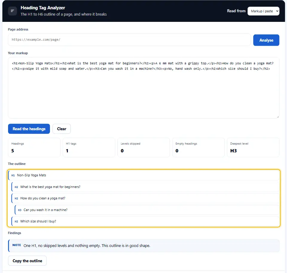 Heading tag analyzer showing a page outline with one H1 and question headings such as what is the best yoga mat for beginners and how do you clean a yoga mat