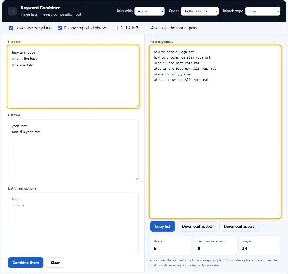 Keyword combiner joining question starters such as how to choose, what is the best and where to buy with yoga mat and non-slip yoga mat into six question-style keywords