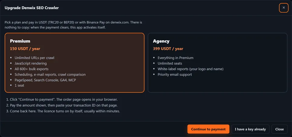 نافذة الترقية داخل التطبيق تعرض Premium بسعر 150 USDT سنويًا وAgency بسعر 399 USDT سنويًا نافذة الترقية داخل التطبيق تعرض Premium بسعر 150 USDT سنويًا وAgency بسعر 399 USDT سنويًا