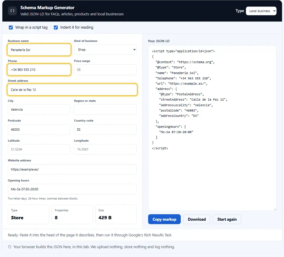مولّد Schema لمتجر، ببيانات مخبز في فالنسيا بإسبانيا، ورمز JSON-LD الذي ينشئه