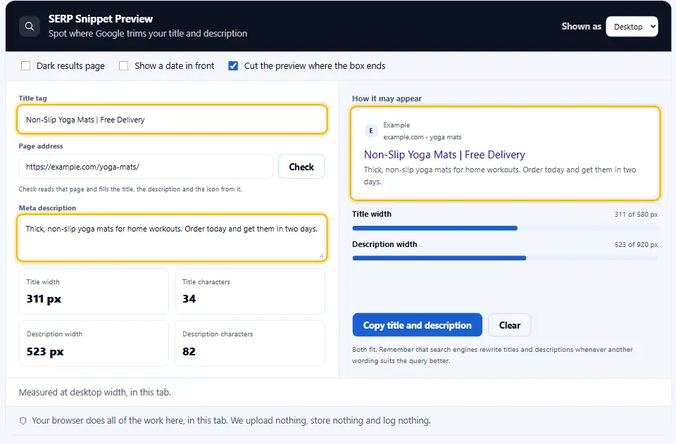 Search snippet preview with a short headline, a page address and a description, checked before going live