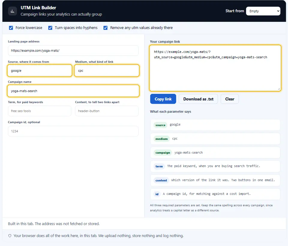 UTM-Link-Builder mit Seitenadresse, Quelle google, Medium cpc und einem Kampagnennamen, der den markierten Link zeigt, den Analytics lesen kann