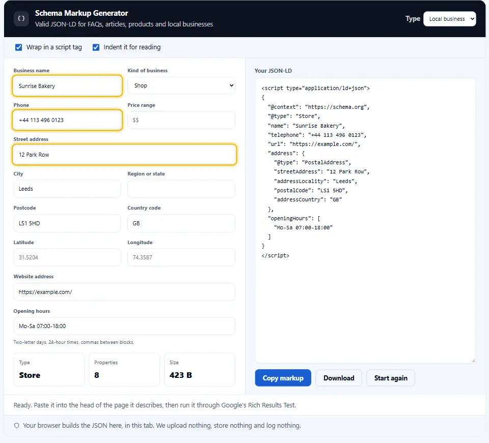 Generatore di schema per un’attività locale, con i dati di una panetteria e il suo codice JSON-LD