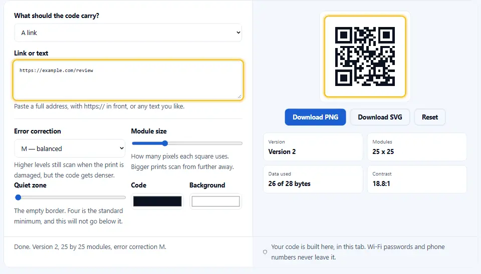QR code generator with a review page link entered and a black and white QR code ready to download