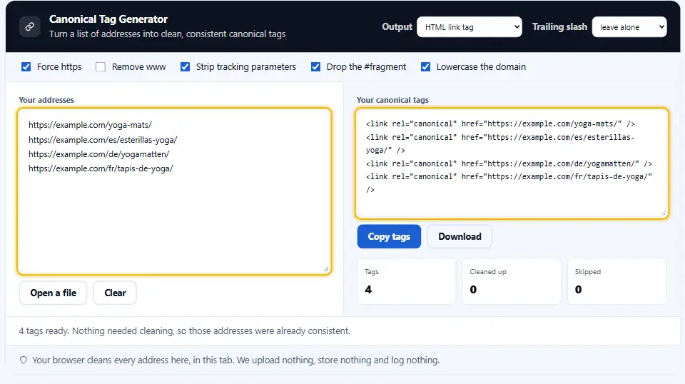 Canonical Tag Generator macht aus einer Liste von Sprachseiten saubere Canonical-Tags Canonical Tag Generator macht aus einer Liste von Sprachseiten saubere Canonical-Tags