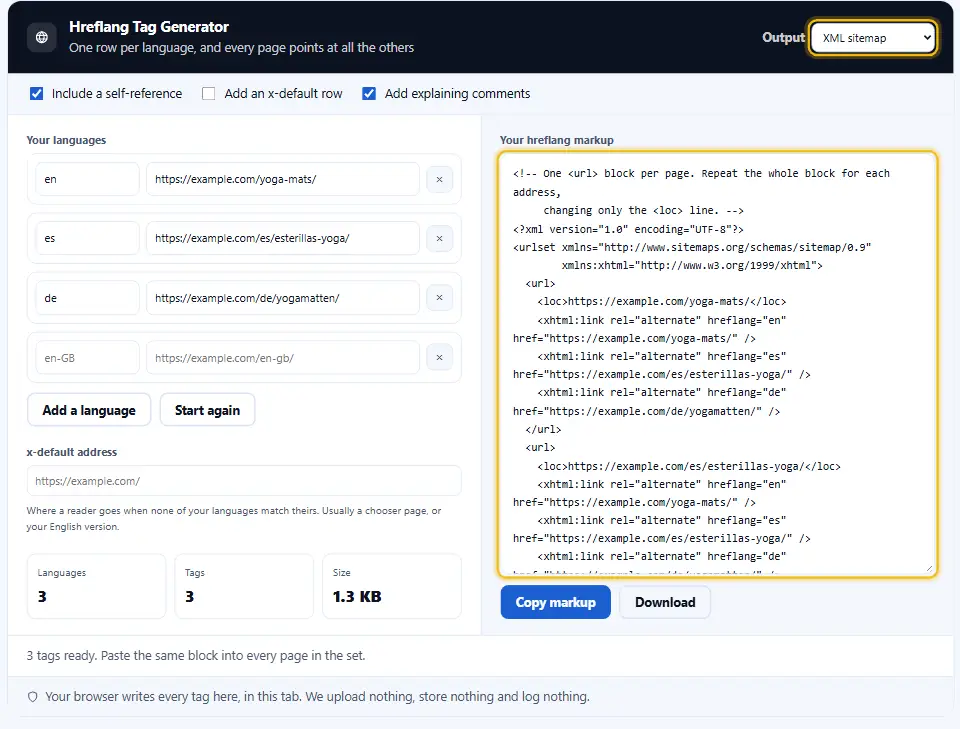 Generatore hreflang in formato sitemap, che scrive righe xhtml link per ogni lingua in una sitemap XML