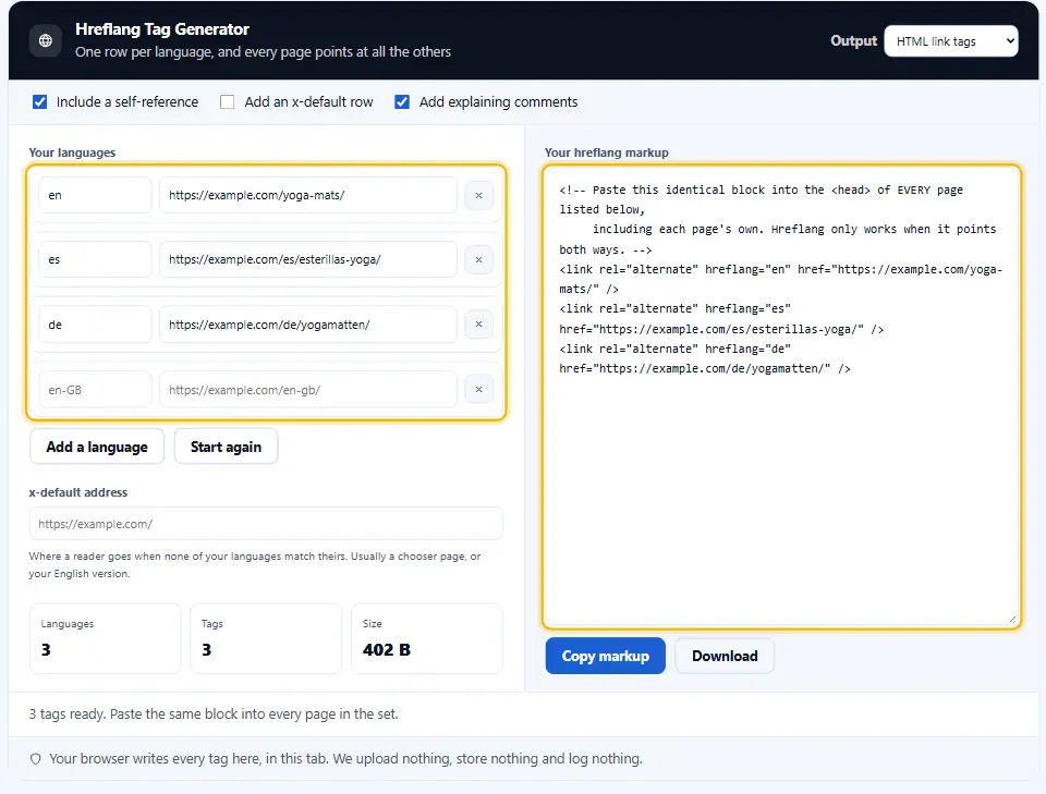 Hreflang tag generator with English, Spanish and German rows and the matching link tags in the output Hreflang tag generator with English, Spanish and German rows and the matching link tags in the output