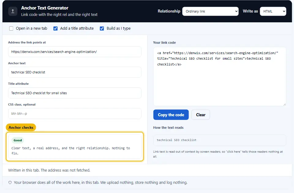 Der Ankertext-Generator baut einen Link zu einer SEO-Leistungsseite mit title-Attribut, und eine Prüfung bewertet klaren Text, eine echte Adresse und die richtige Beziehung als gut