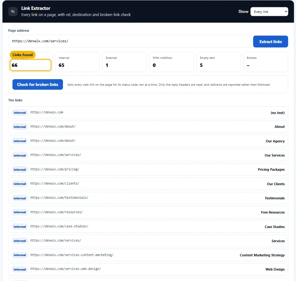 Der Link-Extractor listet 66 auf einer Seite gefundene Links auf, 65 interne, einen externen, keinen nofollow und fünf mit leerem Ankertext, darunter jeder Link mit seinem Typ