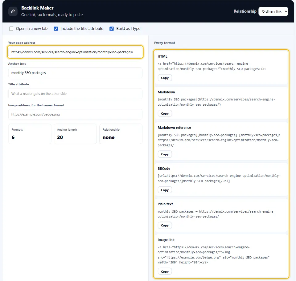 Backlink-Maker mit eingetippter Webadresse und Linktext, darunter der fertige Link-Code in HTML, Markdown und BBCode