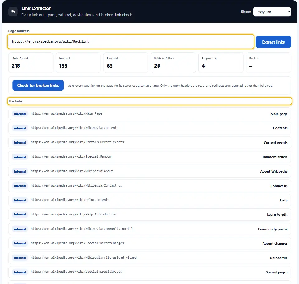 Risultati di un controllo link con diversi backlink e i loro codici di stato, che mostrano quali link funzionano e quali sono rotti