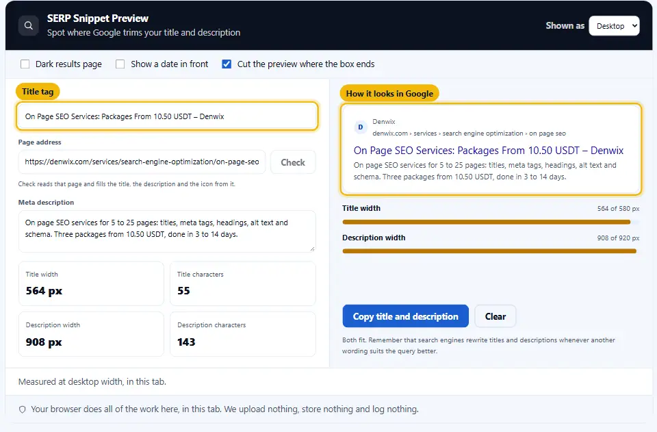 Herramienta de vista previa de SERP con un título, una dirección web y una meta descripción de una página de SEO on page, mostrados como un resultado de Google
