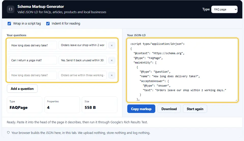 Schema Markup Generator erstellt FAQPage JSON-LD mit zwei Fragen und ihren Antworten
