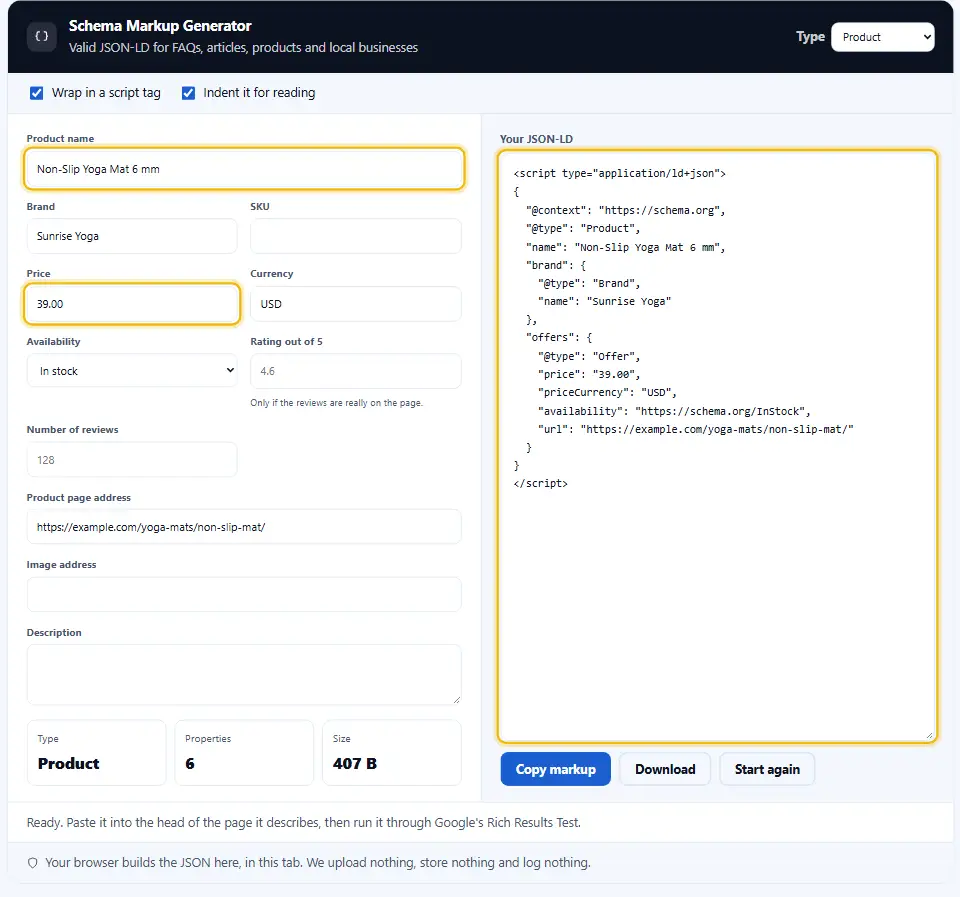 Product schema with name, brand, price and stock, ready to paste into a product page Product schema with name, brand, price and stock, ready to paste into a product page
