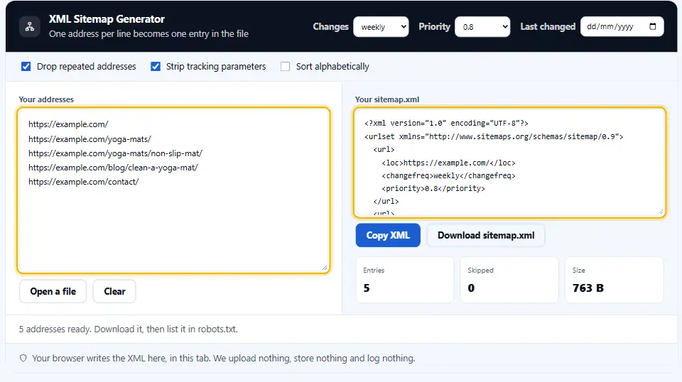 Generador de sitemap XML convirtiendo una lista de direcciones en un archivo sitemap listo Generador de sitemap XML convirtiendo una lista de direcciones en un archivo sitemap listo