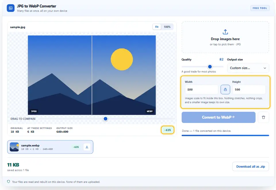 Convertitore di immagini con una larghezza personalizzata per una foto, che mostra la dimensione ridotta del file dopo il ridimensionamento
