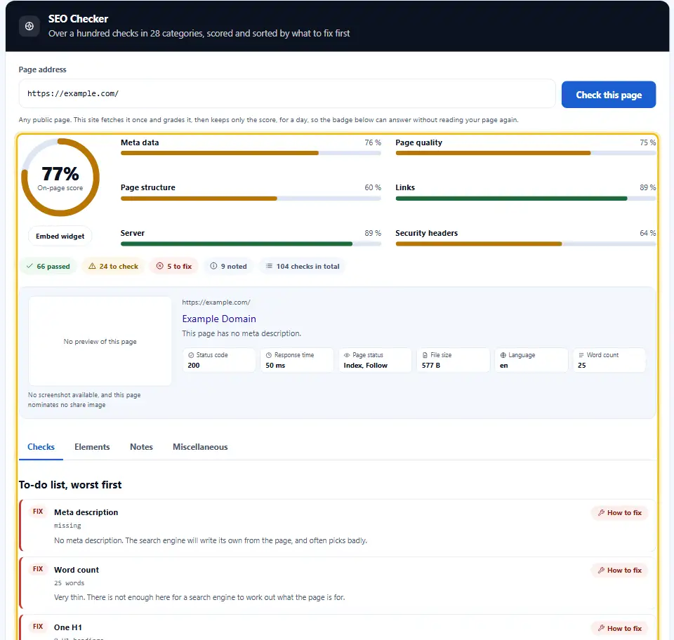 Bericht eines SEO-Checkers mit Punktzahl, bestandenen Prüfungen und einer Aufgabenliste vom schwersten zum leichtesten Problem