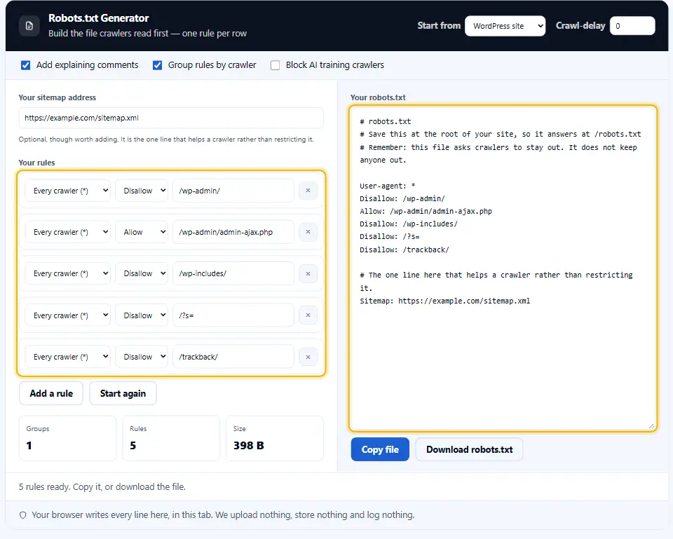 Robots.txt-Generator mit Regeln, die die Website erlauben und den Adminbereich sperren, dazu eine Sitemap-Zeile Robots.txt-Generator mit Regeln, die die Website erlauben und den Adminbereich sperren, dazu eine Sitemap-Zeile