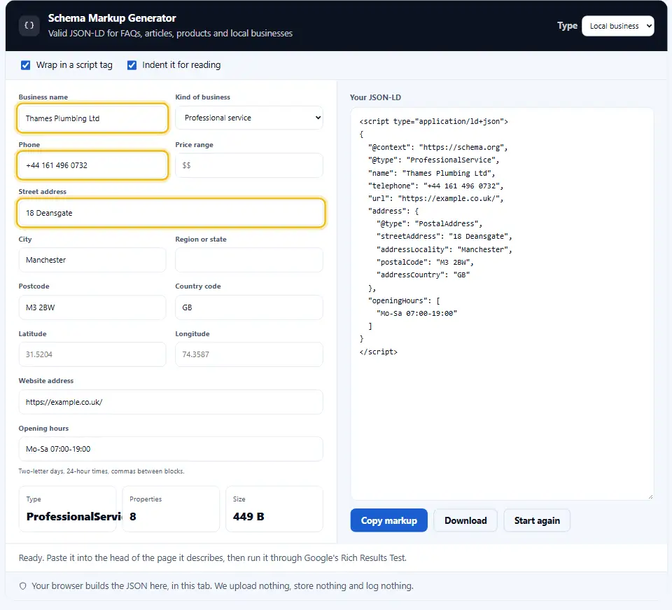 Schema-Markup-Generator für ein lokales Unternehmen mit Name, Telefon, Straße, Stadt, Postleitzahl und Öffnungszeiten eines Klempnerbetriebs in Manchester sowie dem JSON-LD-Code, den er erstellt