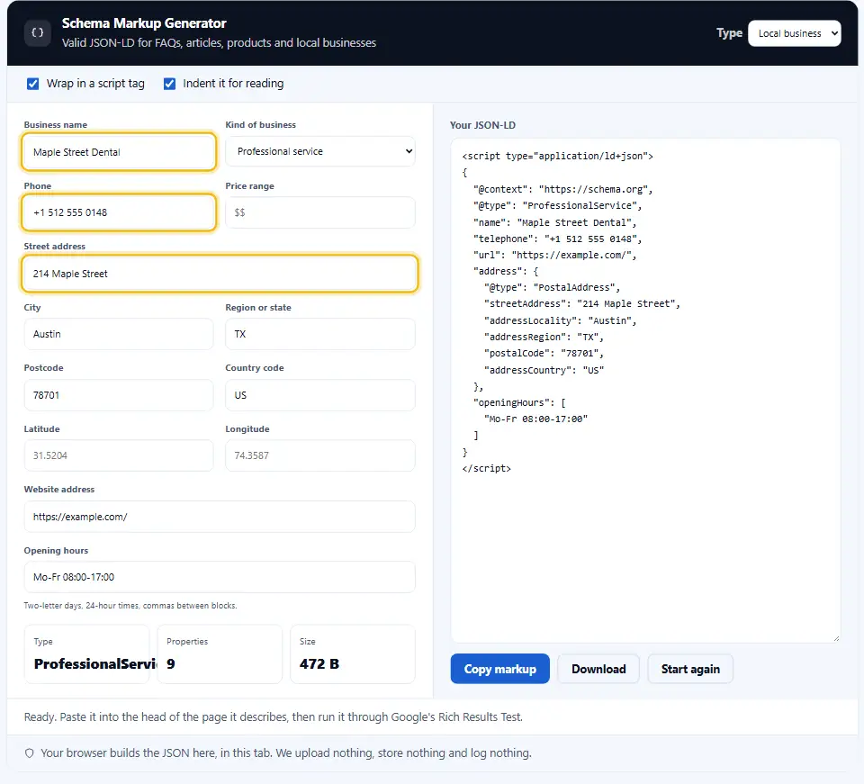 Schema-Markup-Generator für ein lokales Unternehmen mit den Daten einer Zahnarztpraxis in Austin, Texas, und JSON-LD