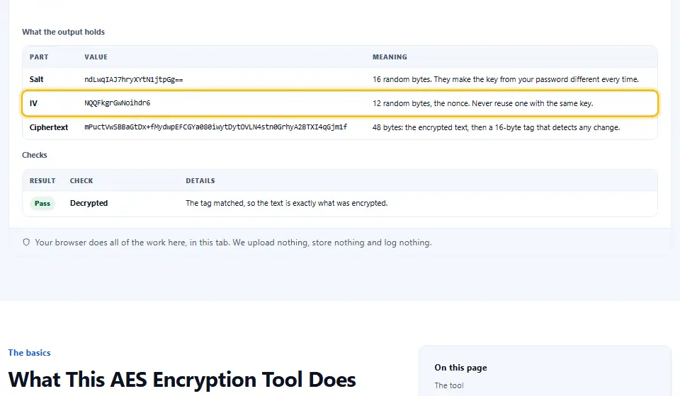 AES decryption of a Base64 string back into the original message, with a table showing the salt, the IV and the ciphertext