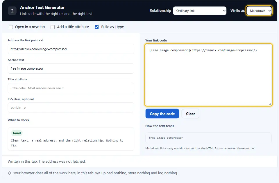 Ankertext-Generator mit gewähltem Markdown-Format, sodass die Ausgabe ein kurzer Link in eckigen und runden Klammern ist