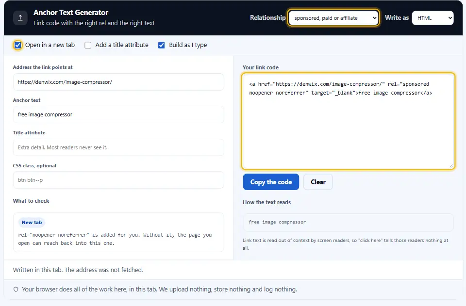 Anchor text generator with the sponsored rel value and open in new tab ticked, adding rel and target to the link code