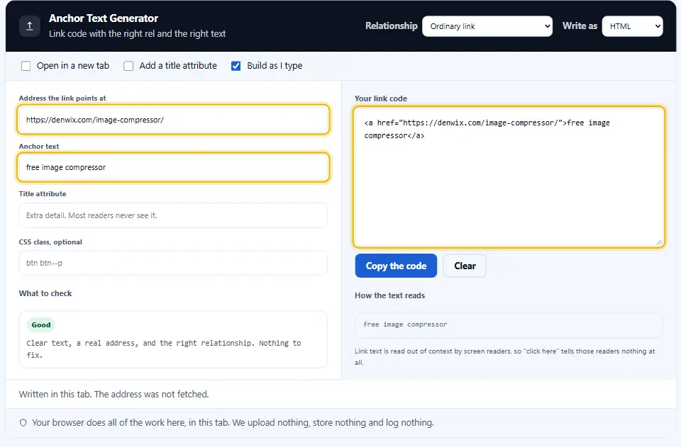 Ankertext-Generator mit eingetippter Adresse und Linkwörtern und dem fertigen HTML-Link im Ausgabefeld
