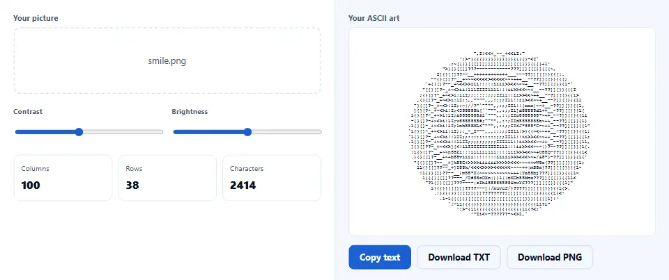 Image to ASCII art result showing a picture rebuilt from text characters in the preview box Image to ASCII art result showing a picture rebuilt from text characters in the preview box