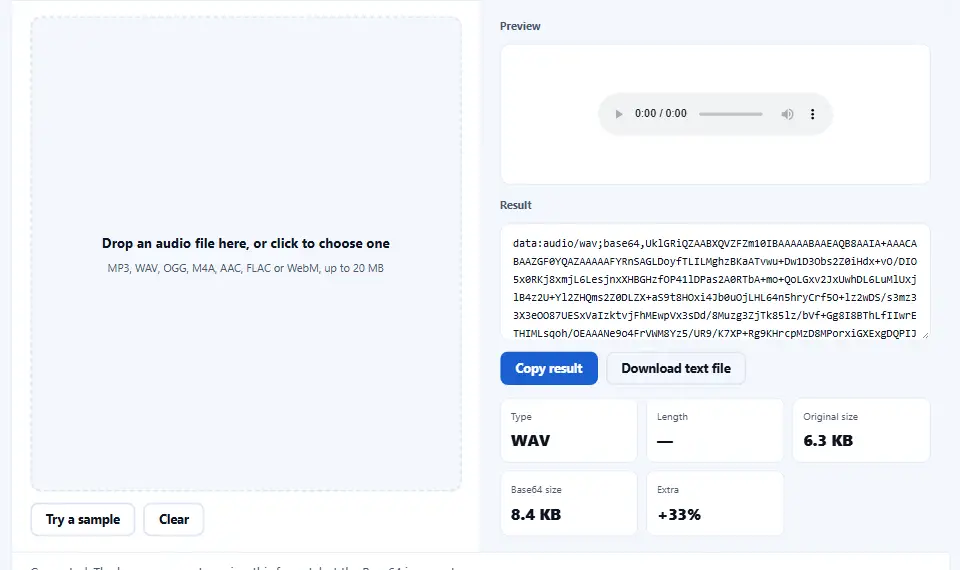 The audio to base64 converter with a sample clip, a player preview and the data URI result with its size The audio to base64 converter with a sample clip, a player preview and the data URI result with its size