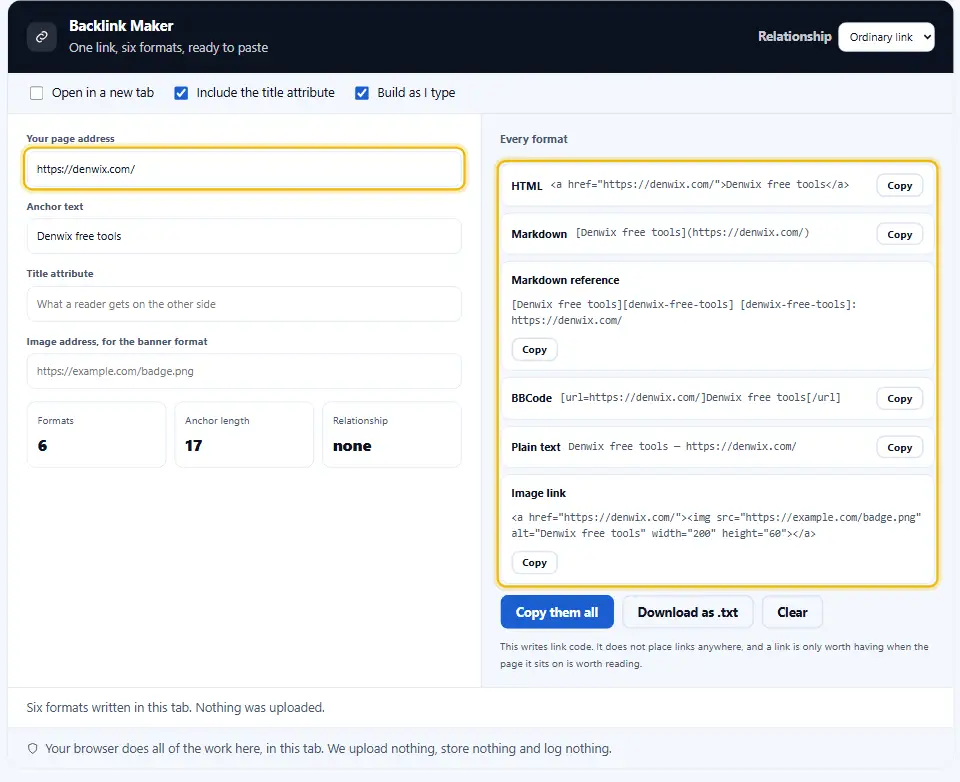 Creador de backlinks con una dirección y palabras del enlace escritas, y debajo un conjunto de estilos de código de enlace para pegar