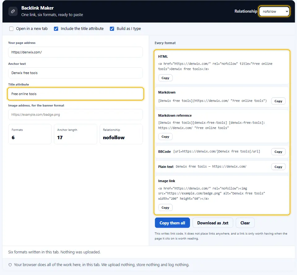 Backlink maker with a title attribute added and the nofollow rel value chosen, which both appear in the link code