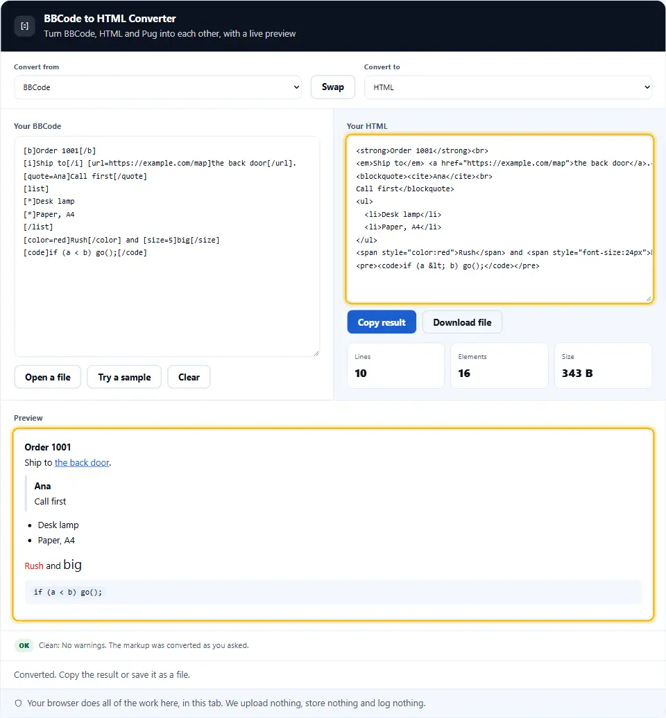 Convertitore BBCode in HTML che mostra BBCode con una citazione e un elenco, il risultato HTML e un'anteprima dal vivo sotto
