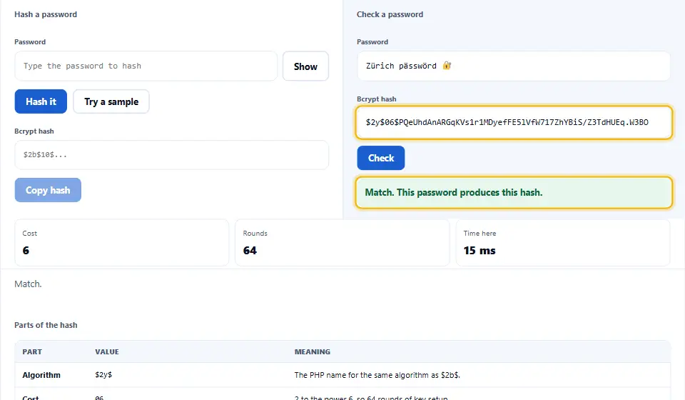 Verificatore bcrypt che conferma che una password corrisponde a un hash $2y$, con un messaggio verde