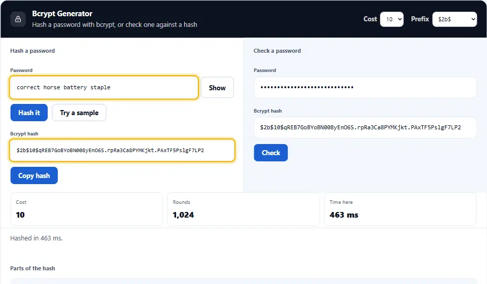 Bcrypt generator hashing the password correct horse battery staple at cost 10, with the $2b$ hash shown below and the time it took