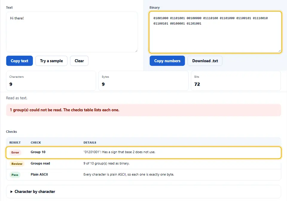 Binary to text translation where one group contains the digit 2, shown in the checks table as an error with its group number, while the rest of the text is still read